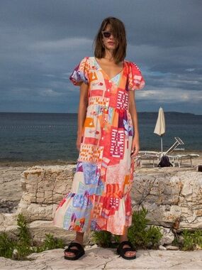 Untitled in Motion Caleo Printed‎ Puffed-Sleeve Midi Dress